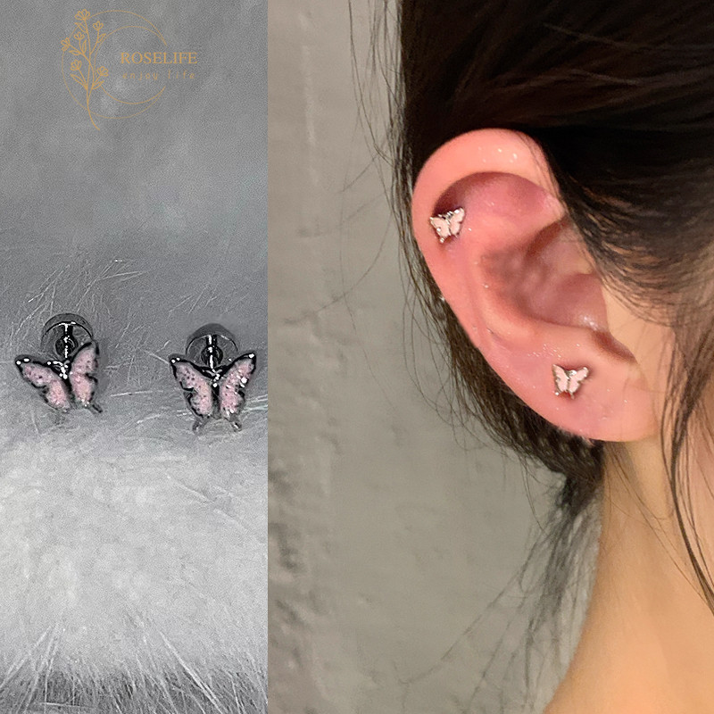 Roselife โรแมนติก 2 ชิ้นเงินสีชมพูผีเสื้อสกรูต่างหูสําหรับสาวสวมใส่ทุกวันหู Studs เครื่องประดับ