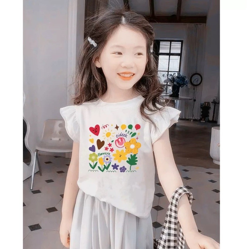 เสื้อยืดผ้าฝ้ายสีขาวสําหรับเด็กสาวน่ารักดอกไม้พิมพ์ออกแบบสไตล์เกาหลีนัวเนียแขนลําลองคอกลมสําหรับเด็ก