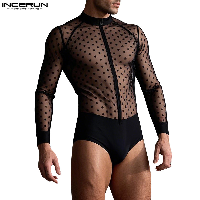 Incerun Men Vintage Stylish Party Polka Dot Splicing See Through ชุดบอดี้สูท