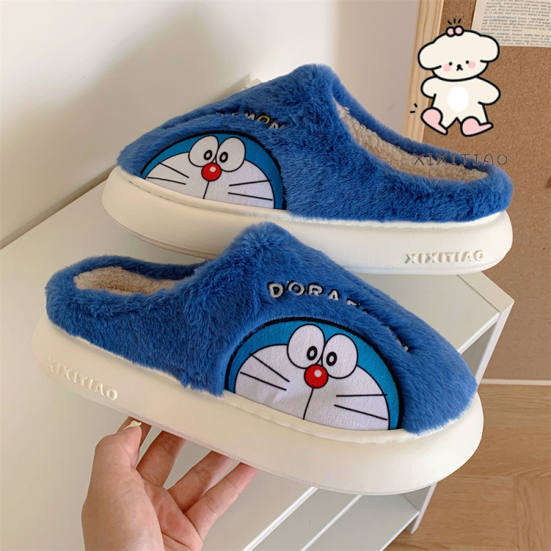 Xitiao ฤดูใบไม้ร่วงฤดูหนาว Doraemon ip Co-Branded Warm Baotou รองเท้าแตะผ้าฝ้ายการ์ตูนน่ารัก Tinkerbell Cat Soft Sole Confinement รองเท้าผู้หญิง