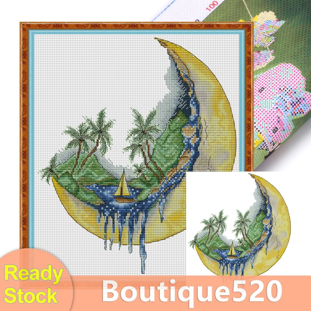 เย็บปักถักร้อยบางส่วน Eco-ผ้าฝ้าย 14CT พิมพ์เรือใบบน Moon Cross Stitch 30x33 ซม.U [boutique520.th]