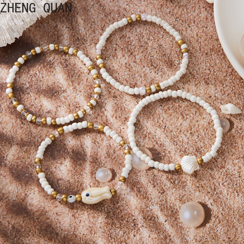 4 ชิ้น/เซ็ต Handmade เซรามิค Fish Shell สร้อยข้อมือลูกปัดสร้อยข้อมือผู้หญิงเครื่องประดับชายหาดแฟชั่นวันหยุดของขวัญสีฟ้าสีขาวสีดําสี