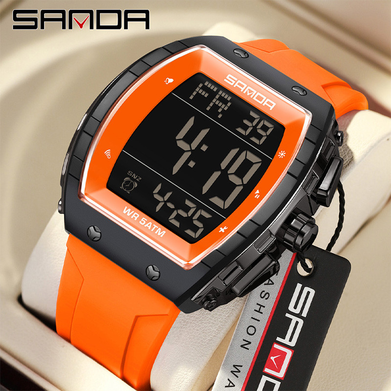 Sanda Wine Barrel นาฬิกาอิเล็กทรอนิกส์นาฬิกาปลุก Night Light กันน้ํา Multi functional นาฬิกาผู้ชาย SD6258-7
