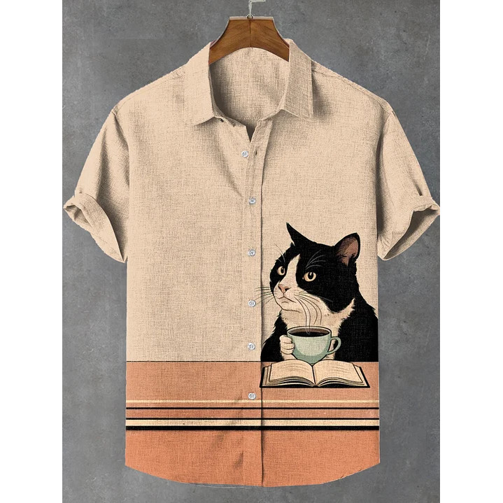 ผู้ชายย้อนยุคการ์ตูนอะนิเมะแมวธีมเสื้อแขนสั้นเสื้อแขนสั้นแฟชั่นสบายๆวันหยุด สตรีทแวร์ ฤดูร้อนชายเสื้อ