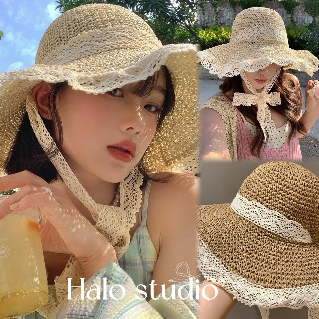 Halo studio พร้อมส่ง🔥 หมวกชายหาด หมวกฟางผู้หญิง ด้วยดีไซน์ลูกไม้ ปีกหมวกกว้าง