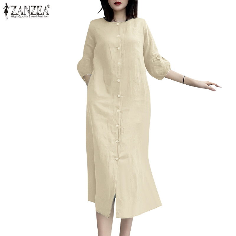 Zanzea ชุดเดรส A-Line ผู้หญิงเกาหลี Ladylike Crew Neck Single-Breasted 3/4 แขนพัฟ