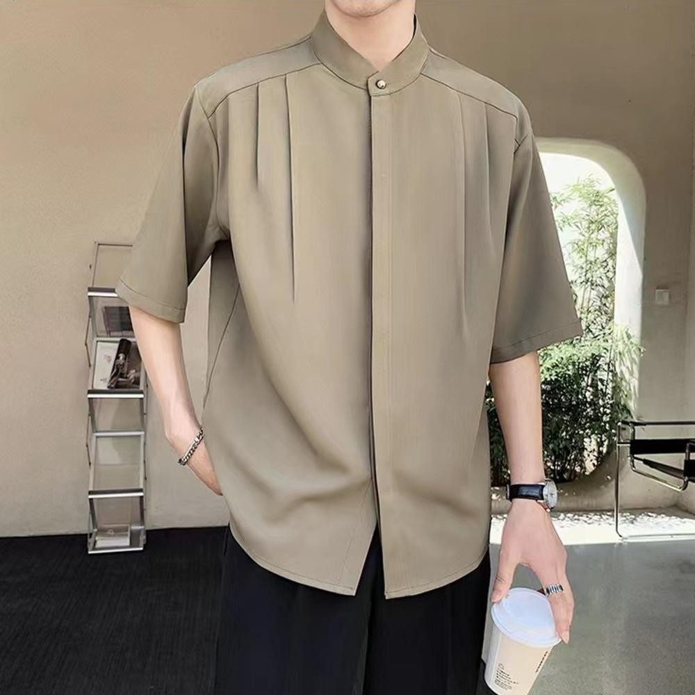 เสื้อเชิ้ตคอจีนผู้ชาย แขนสั้นลําลอง ทรงหลวม แฟชั่นฤดูร้อน เสื้อเชิ้ตผู้ชาย