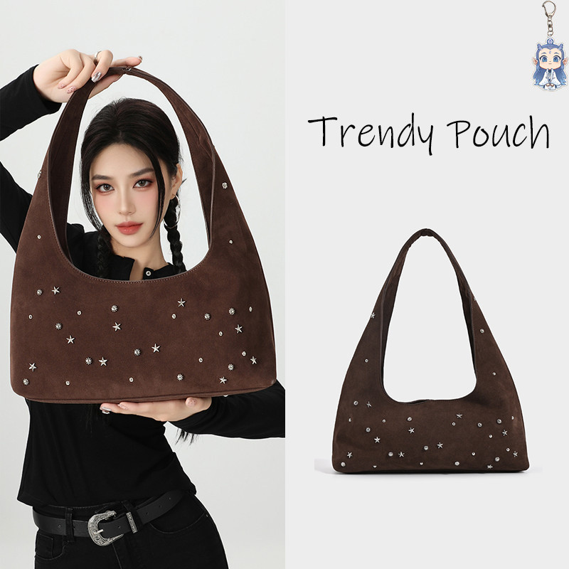 TRENDY  POUCH     กระเป๋าหนังกลับ กระเป๋าสะพาย suede bag สีน้ำตาล  ดวงดาว  ย้อนยุค  ผู้หญิง