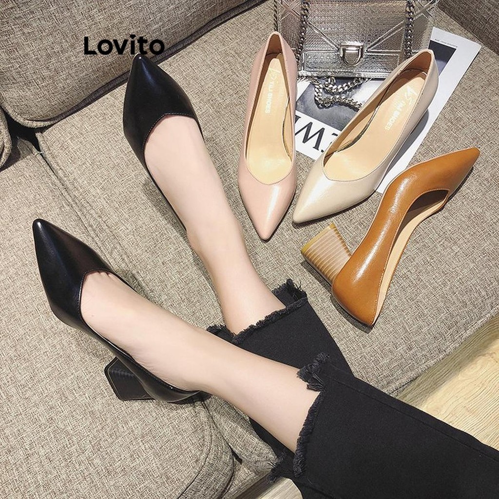 Lovito สง่างามสีพื้นสีอ่อนสไตล์อาชีพลายไม้ Gentle Nude สีอเนกประสงค์ การเดินทางHeel สําหรับผู้หญิง  LFA62106