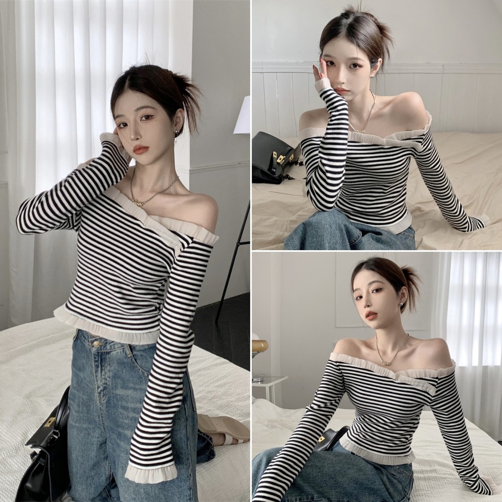cherryshop พร้อมส่ง เสื้อยืดแขนยาวลายทางเปิดไหล่สไตล์เรโทรฝรั่งเศสสำหรับผู้หญิง สไตล์สลิมฟิต ดีไซน์ระบายผ้าชีฟอง เซ็กซี่