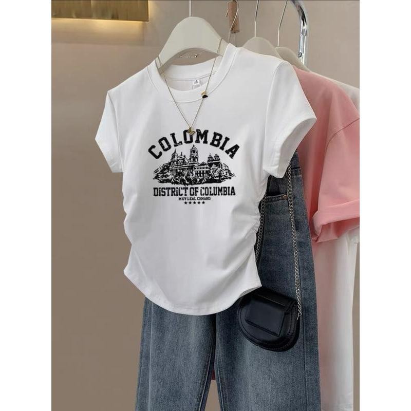 รุ่นใหม่ ผอมเพรียว สไตล์สั้น  แขนสั้น เสื้อยืด   แฟชั่น หญิง ฤดูร้อน  สีขาว ลายสกรีน แฟชั่น เสื้อยืด สไตล์ฮอต ชุดเล็ก