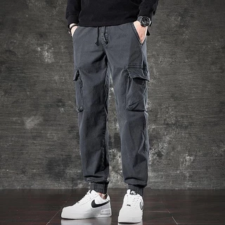 กางเกงชาย เทรนด์แฟชั่นย้อนยุค สไตล์สตรีท ชุดเอี๊ยมมีกระเป๋าหลายช่อง เอวยางยืด ไซส์ M-4XL