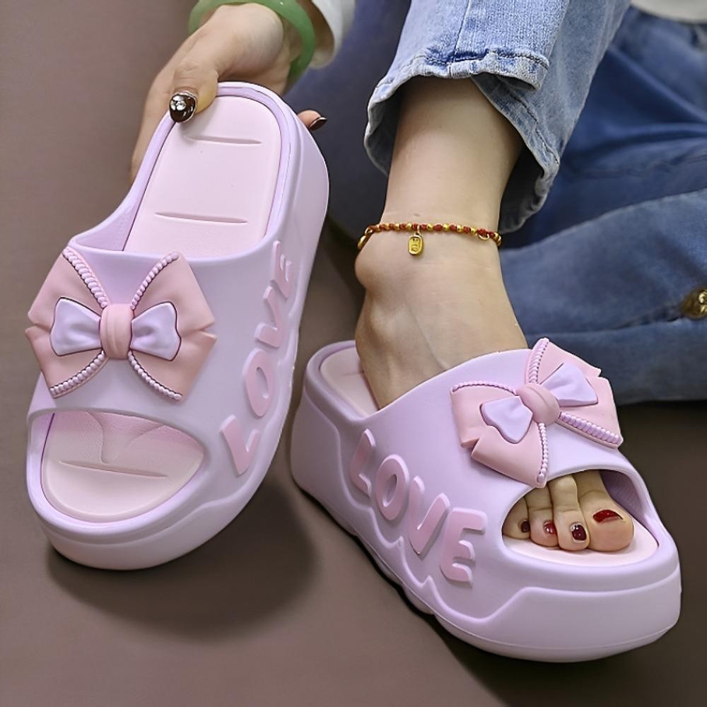 SPARKLEEDGE Flip Flops รองเท้าแตะ, Candy Color Bowknot Flats รองเท้าแตะ, All Match หนา Soled Beachwear รองเท้า Anti Slip Platform รองเท้าแตะผู้หญิงในร่มกลางแจ้ง