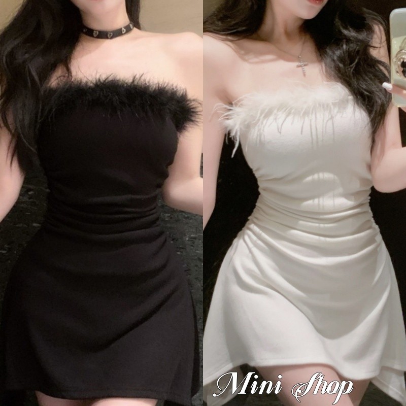 Mini shop🌸พร้อมส่ง🌸(FY2768) มินิเดรว แต่งขนมุ้งมิ้งที่อก ปลายปล่อยสีพื้น ใส่สบาย สไตล์เกาหลี