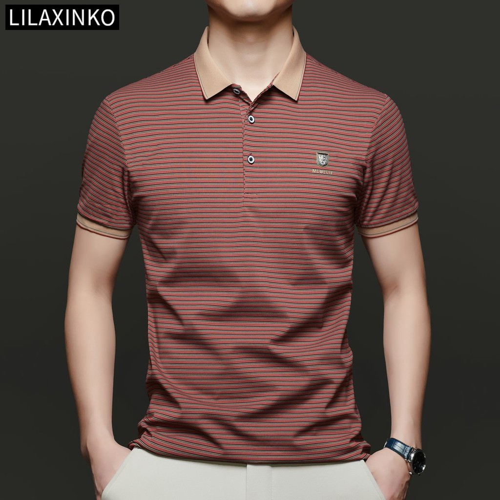 เสื้อโปโลผู้ชายผ้าฝ้ายลายแถบแขนสั้นแฟชั่นคลาสสิก