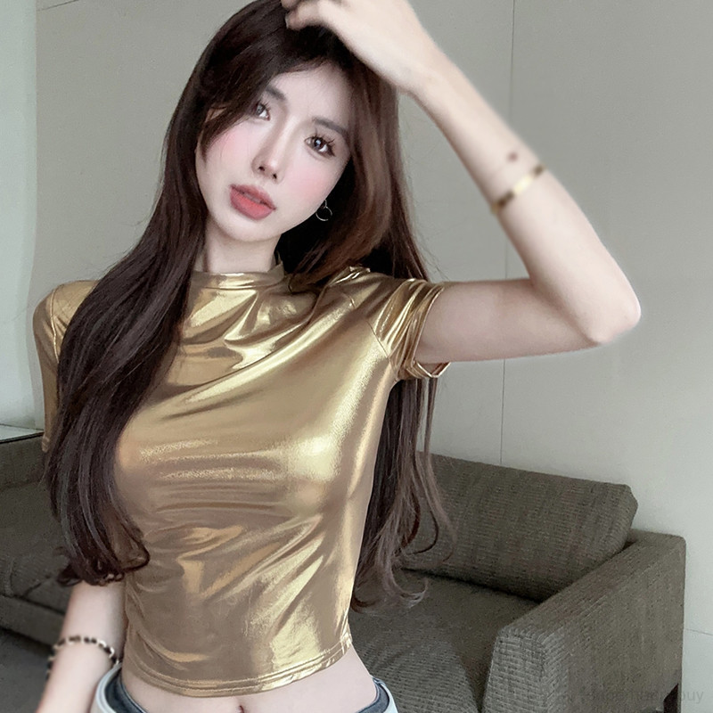 เสื้อครอปท็อป แขนสั้น คอครึ่ง เข้ารูป สีทองเมทัลลิก แวววาว แฟชั่นฤดูร้อน สําหรับผู้หญิง