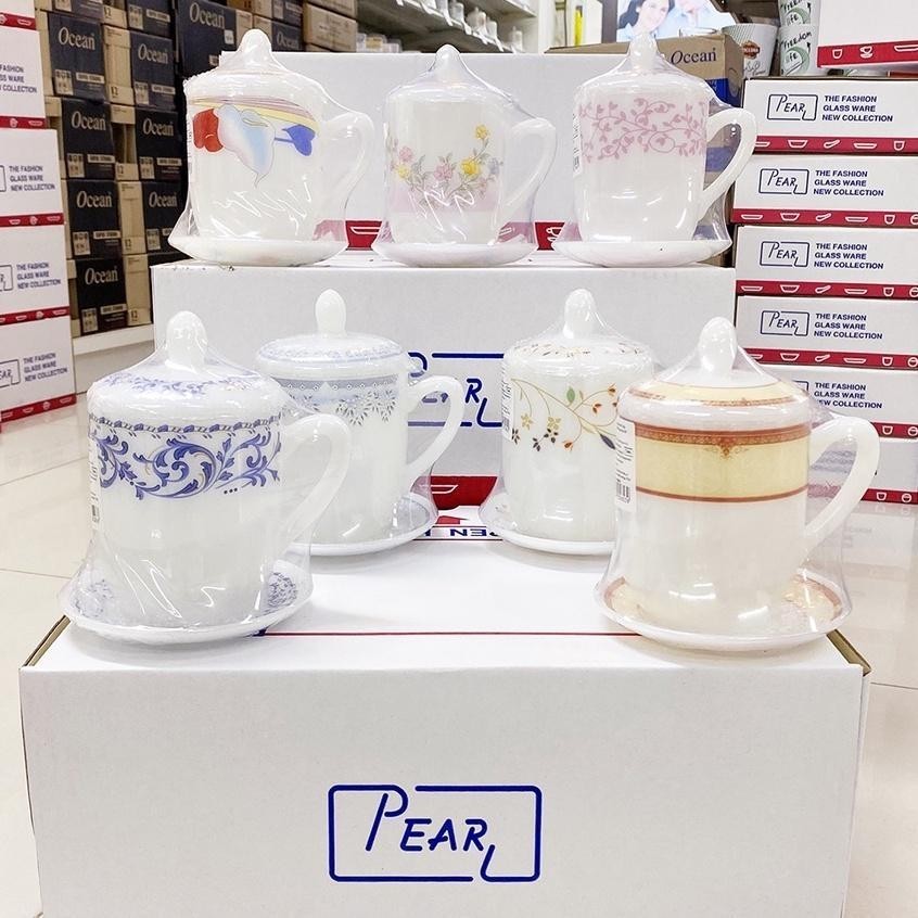 [1ใบ] ถ้วยน้ำชาแก้วมุก 14ออนซ์ พร้อมฝาปิด และ จานรองแก้ว PEARL Opal Glass Coffee Tea Mug ; รวม 1 ใบ