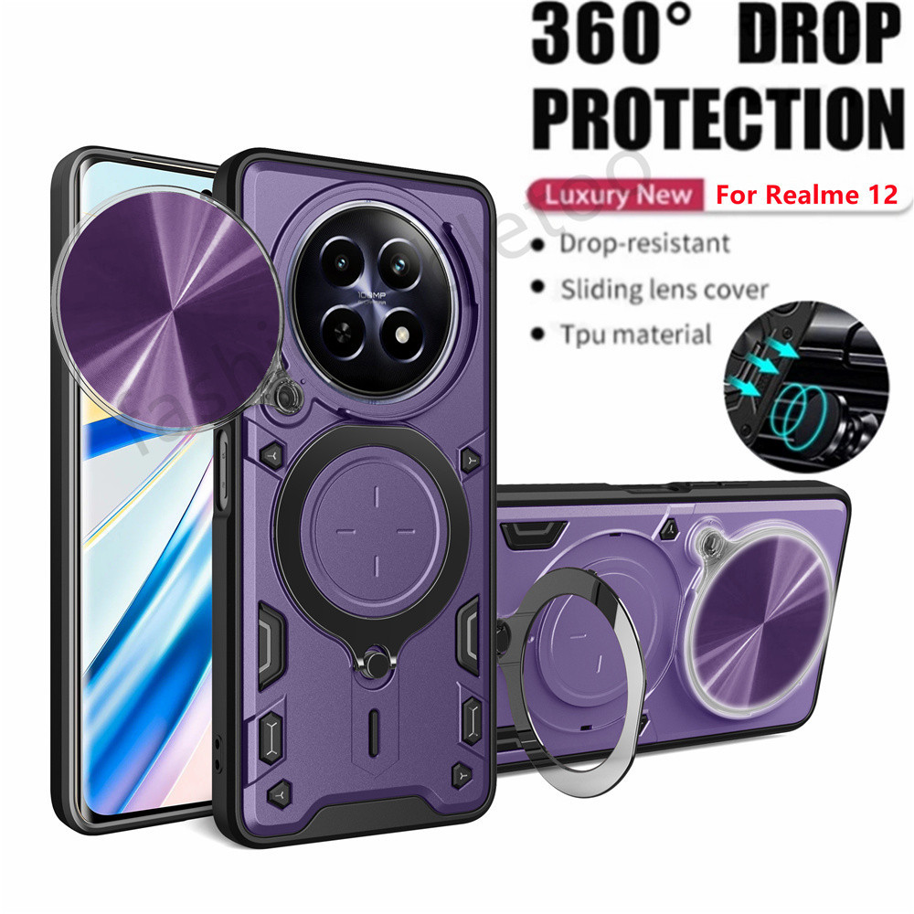 ปลอกกันกระแทกเคสโทรศัพท์สําหรับ Realme 12/12X/12 Pro/12 Pro+, 13 Pro/13 Pro+ พร้อมแหวนขาตั้ง ป้องกันเลนส์กล้อง