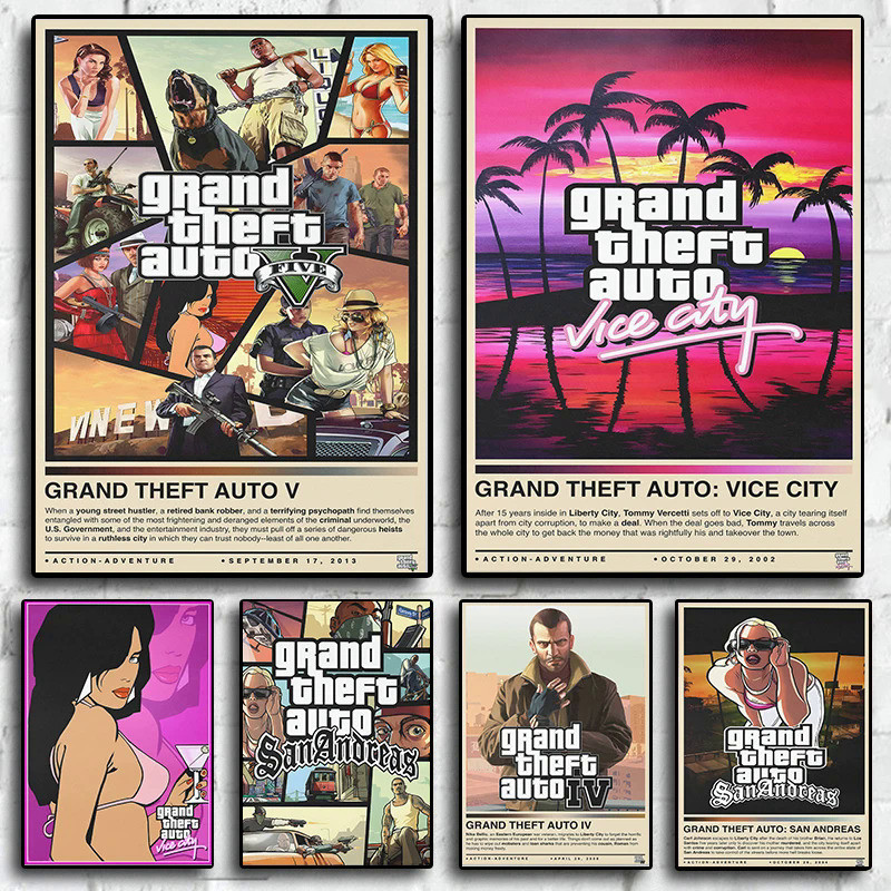 Grand Theft Auto Game Role HD โปสเตอร์ GTA 5 รูปภาพ เกม ห้องนั่งเล่น ย้อนยุค เพื่อความสวยงาม ตกแต่งบ้าน ห้องเด็ก โปสเตอร์ผ้าใบ ภาพวาด