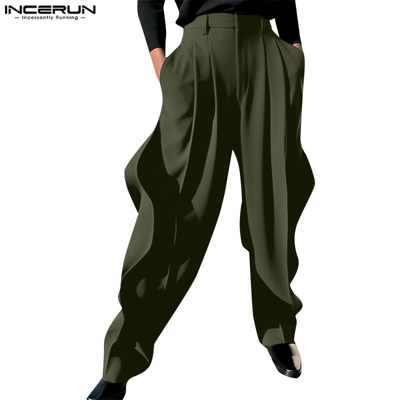 Incerun กางเกงขายาว สีพื้น ทรงไม่สมมาตร สไตล์วินเทจ แฟชั่นสําหรับผู้ชาย
