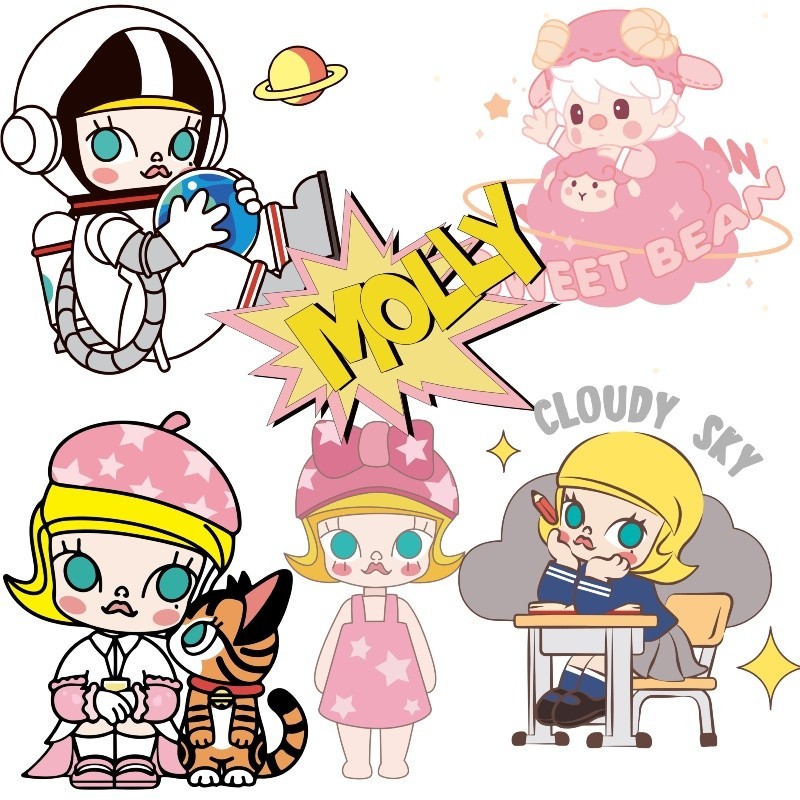 Pop MART สติกเกอร์ ลายการ์ตูน Molly น่ารัก ซักได้ สําหรับติดตกแต่งกระเป๋า DIY