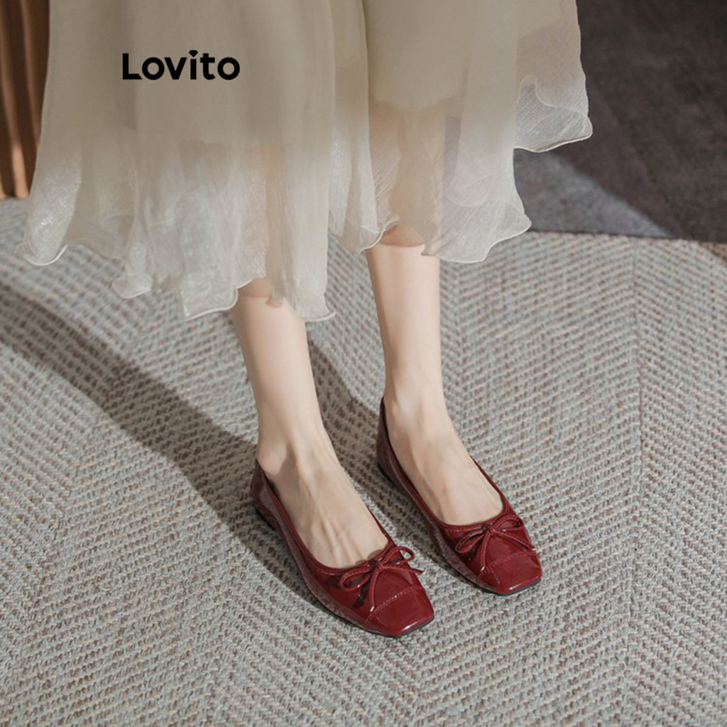 (Lovito Refine) รองเท้าคัชชูผู้หญิง แต่งโบว์ สีเรียบ สไตล์ลำลอง LFA28040