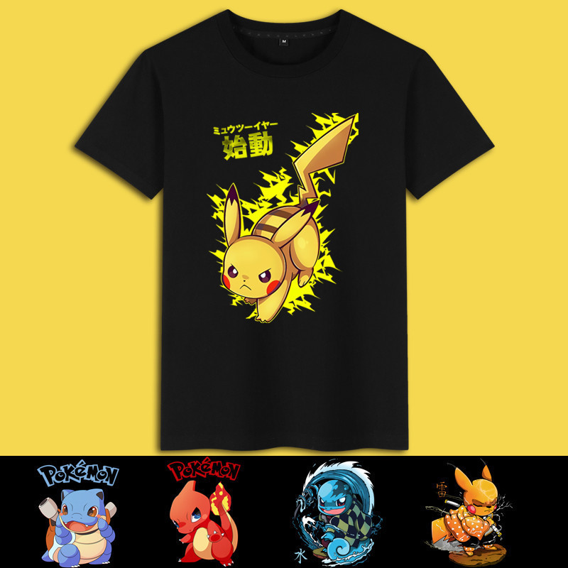 2024 Pokemon Pokémon Pikachu เสื้อยืดแขนสั้นอะนิเมะญี่ปุ่นผ้าฝ้ายแท้