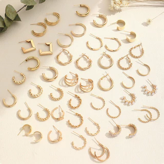 24 คู่ผู้หญิง Hoop ต่างหูชุด Vintage แฟชั่น Gold Plated Pearl โลหะต่างหูเครื่องประดับอุปกรณ์เสริมของขวัญ