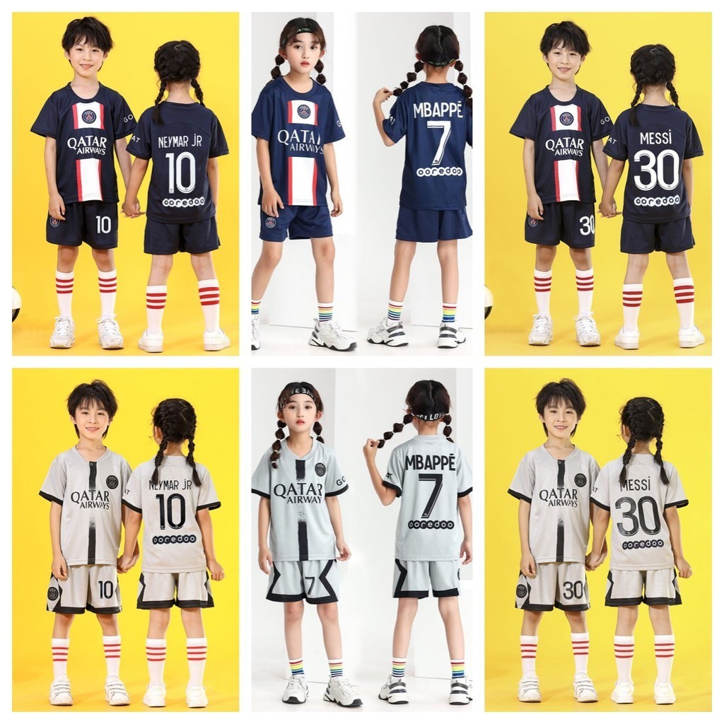 เสื ้ อฟุตบอล PSG Messi/Mbappe/Neymar/Jersey Kids Football Soccer T-Shirt Uniforms Size 18-30 Boys G