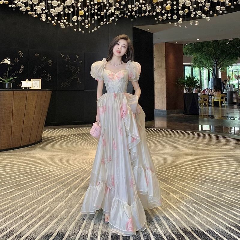 ดอกไม้ Super Fairy พัฟแขนชุดเจ้าหญิงกระโปรงพัฟ High-End Palace สไตล์อุตสาหกรรมหนักหวานสไตล์ฝรั่งเศสหนี QW8P
