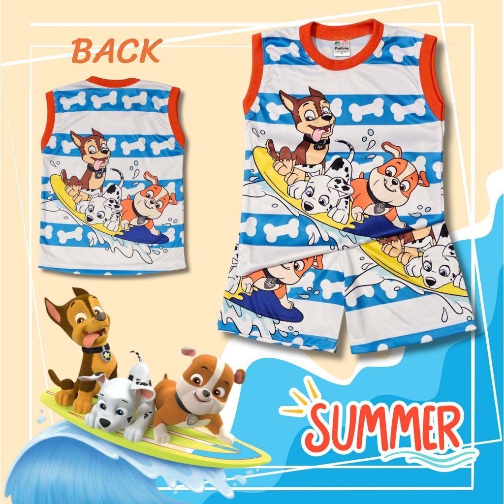 DOG0903#4 ชุดเด็ก เสื้อกล้าม+กางเกงขาสั้น ผ้าไมโครเกรดA ลายน้องหมาเล่นเซิร์ฟ เสื้อผ้าเด็ก ชุดเด็กแฟชั่น ลายการ์ตูน