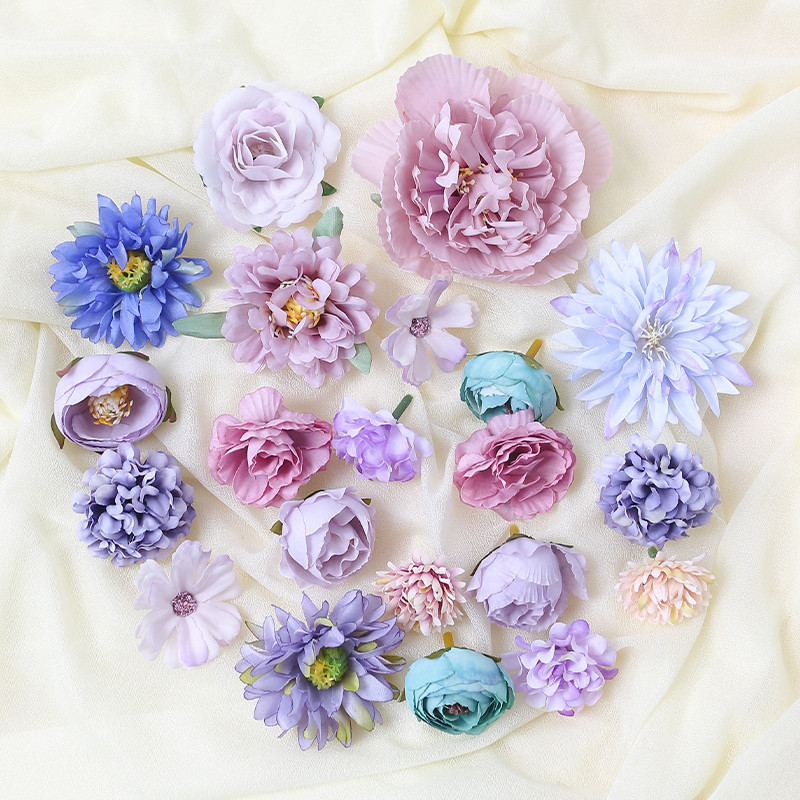 4.5-10 ซม.21 PCS ประดิษฐ์ดอกไม้สีม่วงชุดงานแต่งงานตกแต่งบ้าน DIY พวงหรีด Hairpin เข็มกลัดของขวัญดอกไม้ผ้าไหมปลอม Flowe