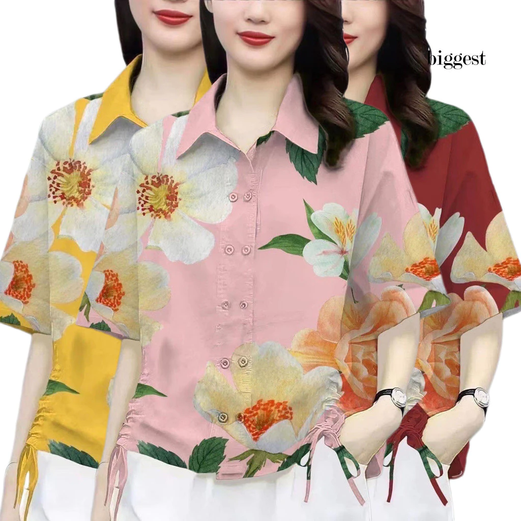 เสื้อลำลองแขนสั้นลายดอกไม้ กระดุม เชือกรูด ทรงหลวม thumbnail 5