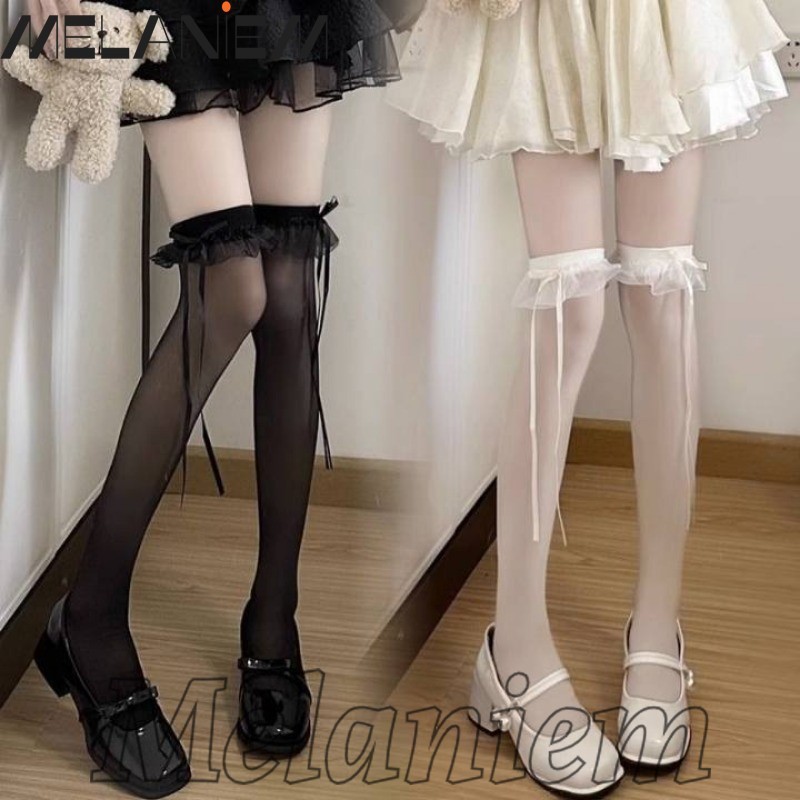 ถุงน่องขอบลูกไม้-โลลิต้า,หวาน,เต้นรําสไตล์บัลเล่ต์-ถุงเท้ายาวกว่าเข่า-ระบายอากาศสบาย-สวมใส่ทุกวันในช่วงฤดูร้อน-โบว์ริบบิ้นลูกวัวถุงเท้า