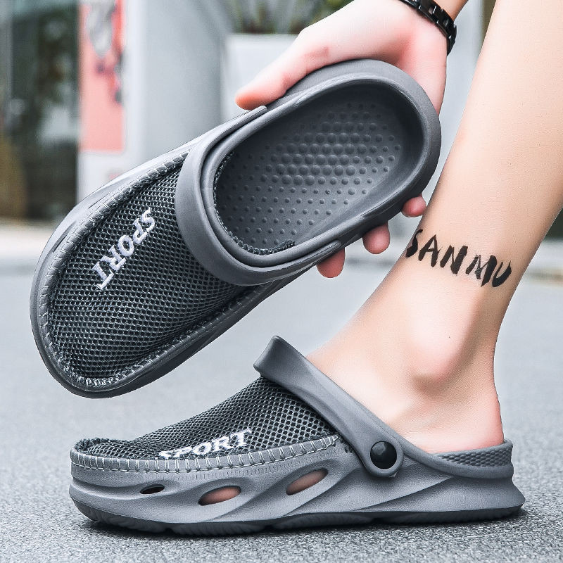 Extraordinary 2024 Lazy Hole รองเท้าครึ่งรองเท้าแตะผู้ชายฤดูร้อนสวมใส่ด้านนอกพื้นผิวตาข่าย Anti-slip Soft Sole กีฬาขับรถ Dual