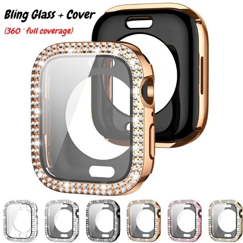 360 °Bling Glass + สําหรับ Apple Watch Case 49mm 45mm 41mm 40mm 44mm 360 ° กันชนเพชรเต ็ มรูปแบบ + ตัวป ้ องกันหน ้ าจอสําหรับ Iwatch Series Ultra2 9 8 7 6 5 4 SE