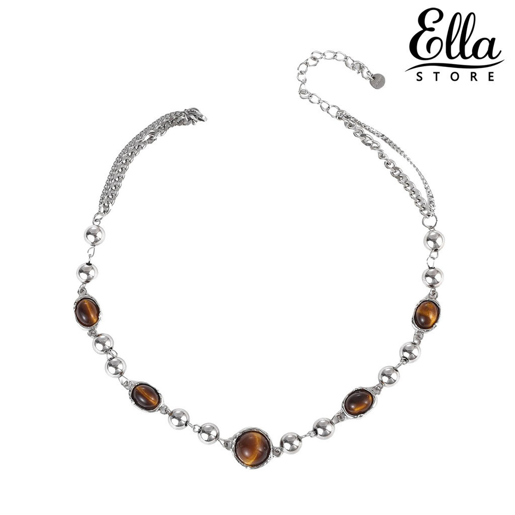 Ellastore123 สร้อยคอผู้หญิงลูกปัด Faux Tiger Eye Stone Decor ปรับความยาวได้คลิปกุ้งก้ามกราม Choker สร้อยคอ Club Party เสื้อกันหนาวคอเครื่องประดับ