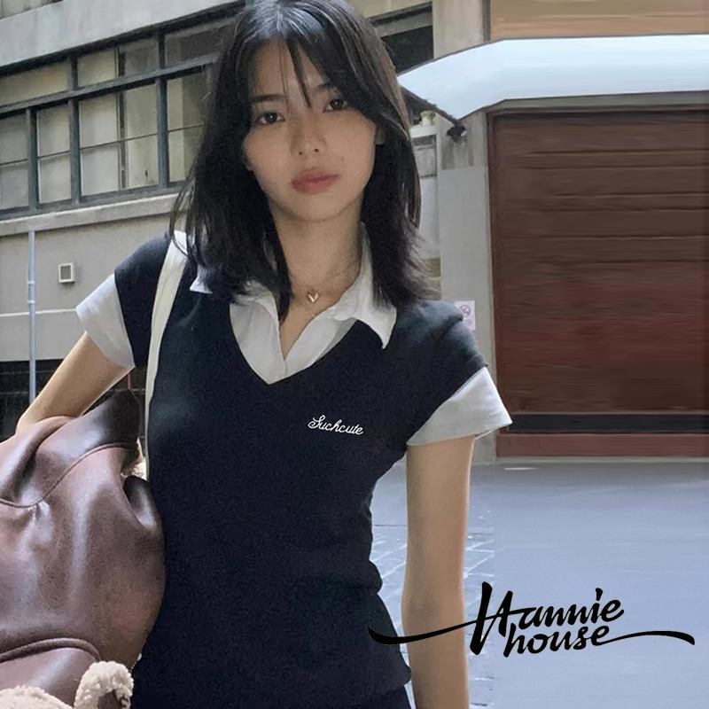 Hannie House- เสื ้ อโปโลสไตล ์ วิทยาเขตลําลองของผู ้ หญิงแขนสั ้ นปลอมสองชิ ้ น