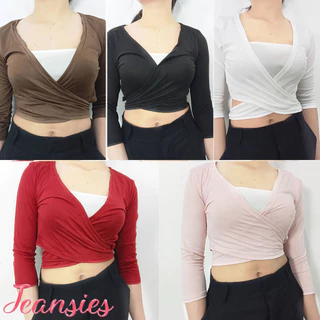 เสื้อยืดแขนยาวสุดเก๋ ดีไซน์ไขว้หน้าผูกเอว ผ้าเรย่อนสวมใส่สบาย