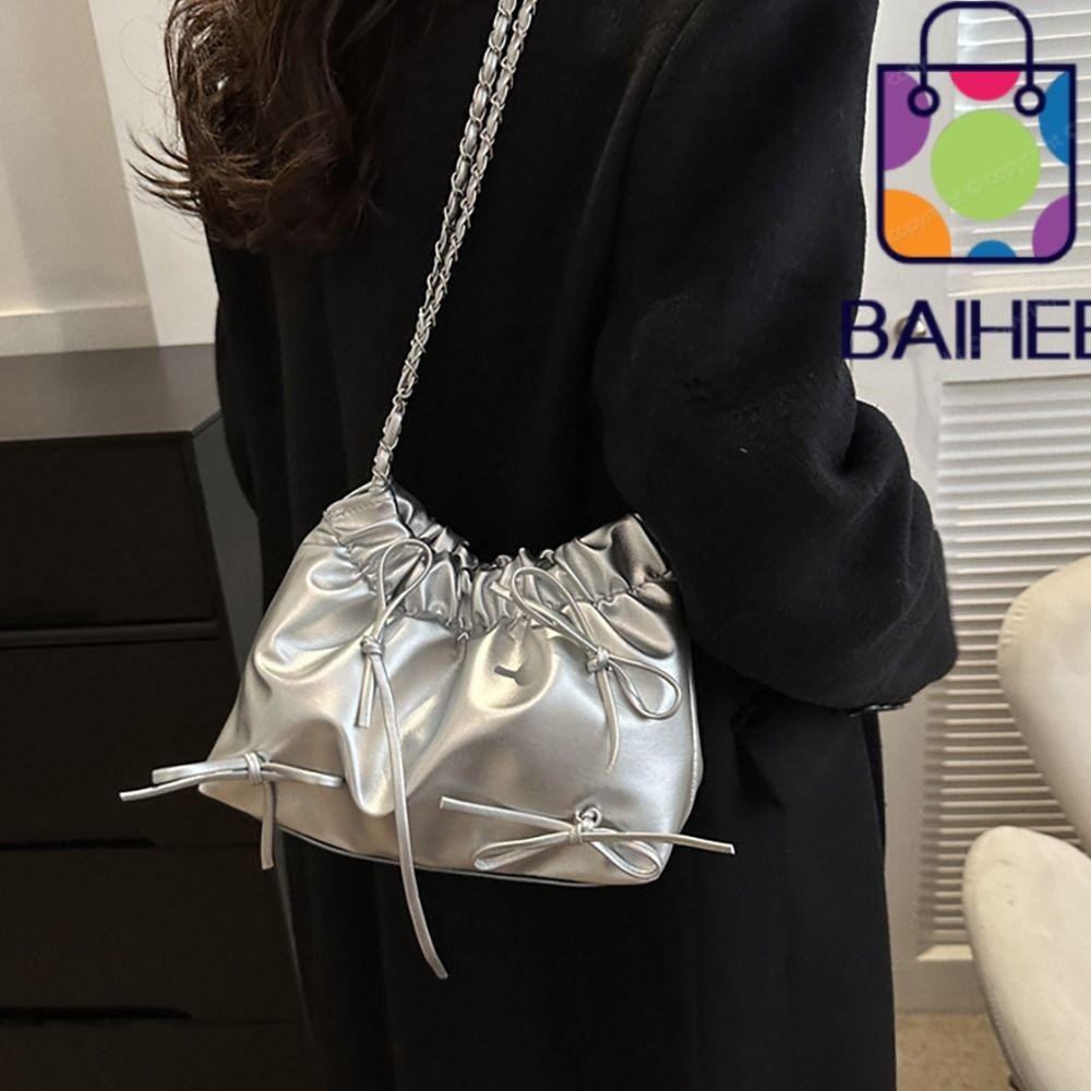 Baihee Plain Pleated Bag, Casual Plain All-match Women 's Shoulder Bag, PU Leather One-sided Pleated Design Small Bucket Bag Women
