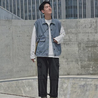 MR-DEER แจ็คเก็ตยีนส์ แขนกุด เสื้อกั๊ก ทรงหลวม กระเป๋าใหญ่ ผู้ชาย รุ่น M8800