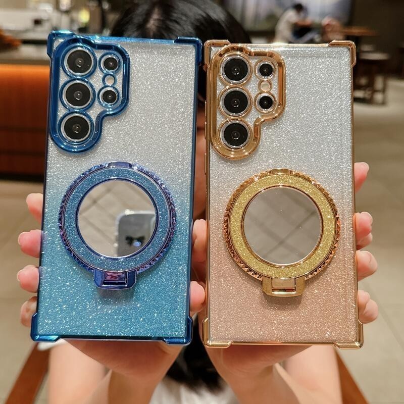 ชุบ Gradual Glitter กระจกแม่เหล็กวงเล็บถุงลมนิรภัยสําหรับ Samsung S24 S23 Ultra Plus S23FE S22 S21 Ultra Note20 Ultra A15 A35 A55 A25 A54 Anti-Drop Space Shell ปกอ่อน