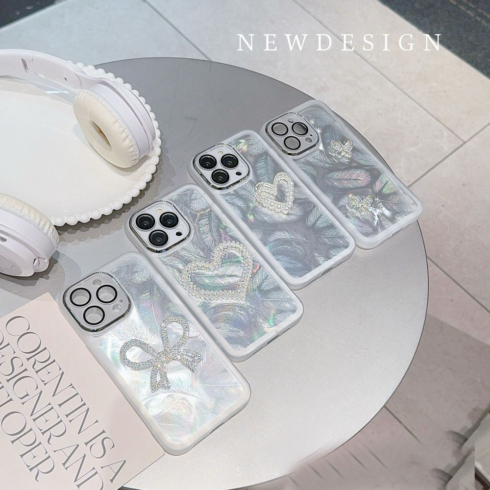 สาว Handmade Rhinestones Love Heart Bow-Knot Feather สําหรับ Realme 12 Pro Plus 5G 12x 11x 10 5 5s 5i 6i