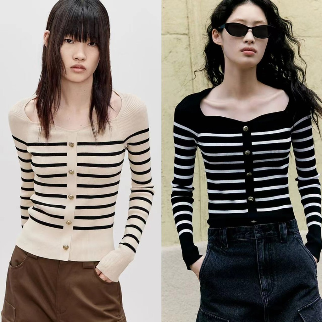 DODO*สินค้าพร้อมส่ง*เสื้อไหมพรมคอหัวใจแขนยาวลายทาง ผ้านุ่มใส่สบายดีเทลแต่งกระดุมลายสิงโตสีทอง(98100)