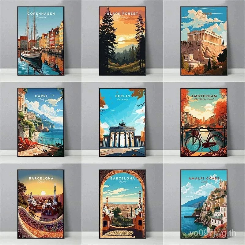 อิตาลีกรีกสเปนเยอรมนีไอซ์แลนด์ฝรั่งเศส Greece เดนมาร์กภูมิทัศน์โปสเตอร์และผ้าใบพิมพ์ภาพผนังศิลปะสําหรับห้องพัก Home Deco IBXA
