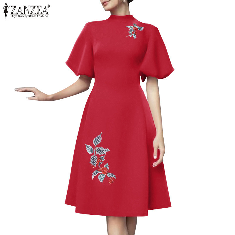 Zanzea Women Fashion A-Line Puff Sleeve Printing Party Midi Dress