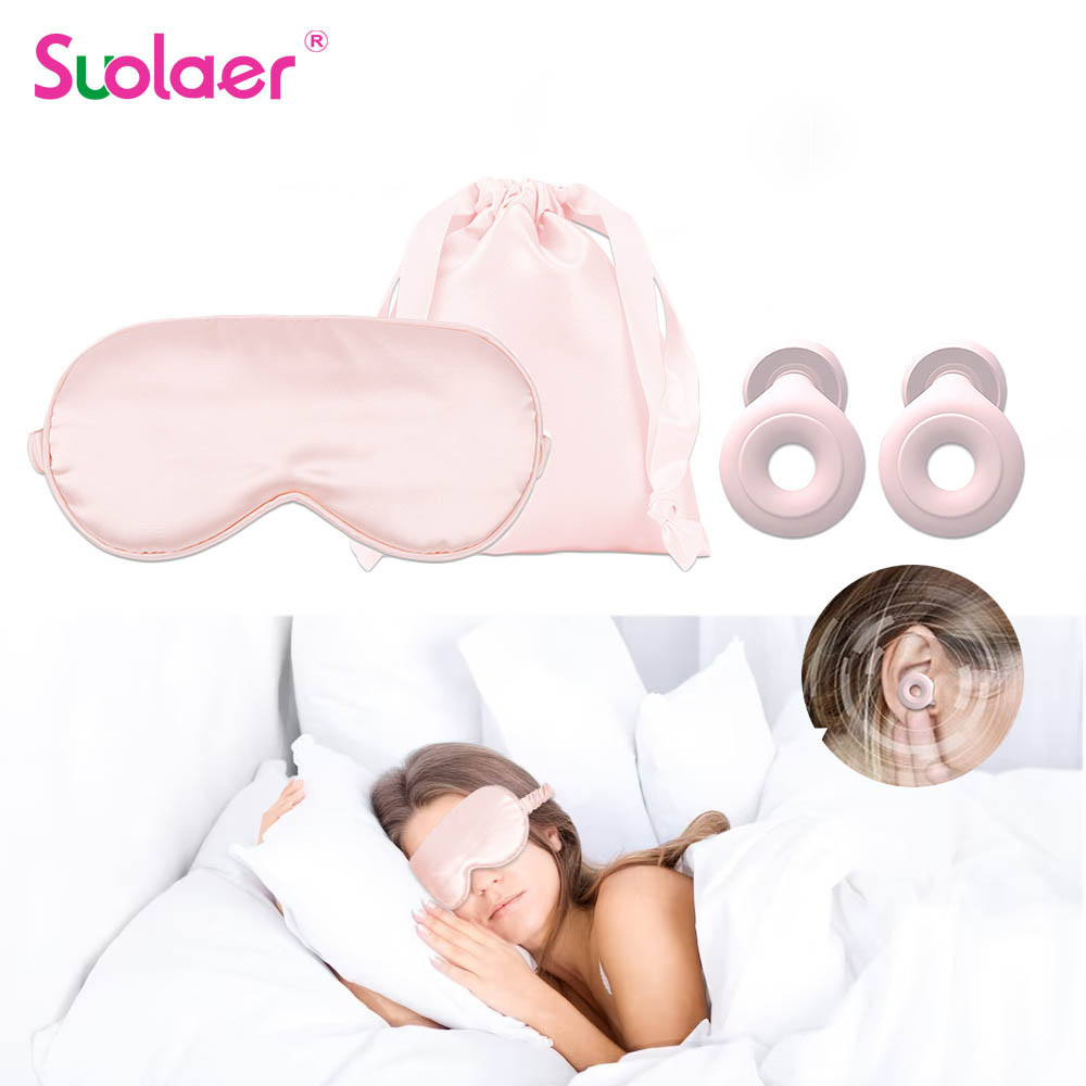 100 % ธรรมชาติ Mulberry Silk Sleep Mask Soft Eye Patch & Sleep ลดเสียงรบกวนปลั ๊ กอุดหูซิลิโคนหู Muffs สําหรับเดินทาง Home Sleep