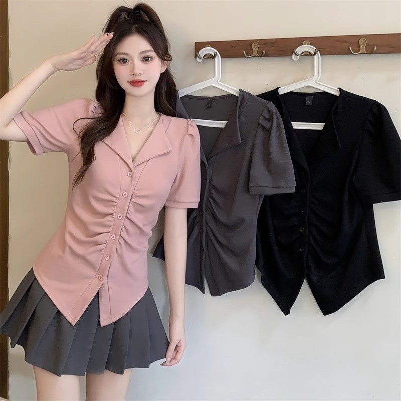 [MR]Oversize Tshirt(40-110kg) French Women Short Sleeve Tops Collar Plain Plus Size Button T Shirt