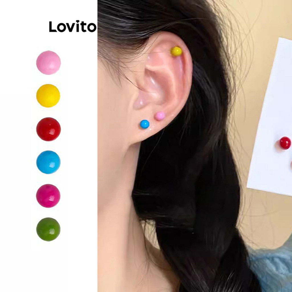 Lovito ต่างหูผู้หญิง ทรงกลม หลากสี สไตล์น่ารัก LFA33083