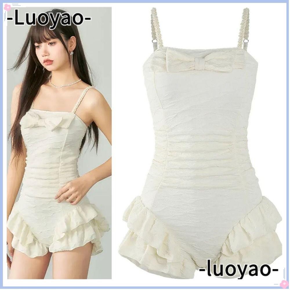 Luoyao 1 ชิ้นชุดว่ายน้ํา, One Piece สามเหลี่ยม Ruffle เอวสูง Slim ชุดว่ายน้ําฤดูร้อน, ทนทานชายหาดวันหยุดสีขาวโบว์น่ารัก Push Up ชุดว่ายน้ําสําหรับผู้หญิง